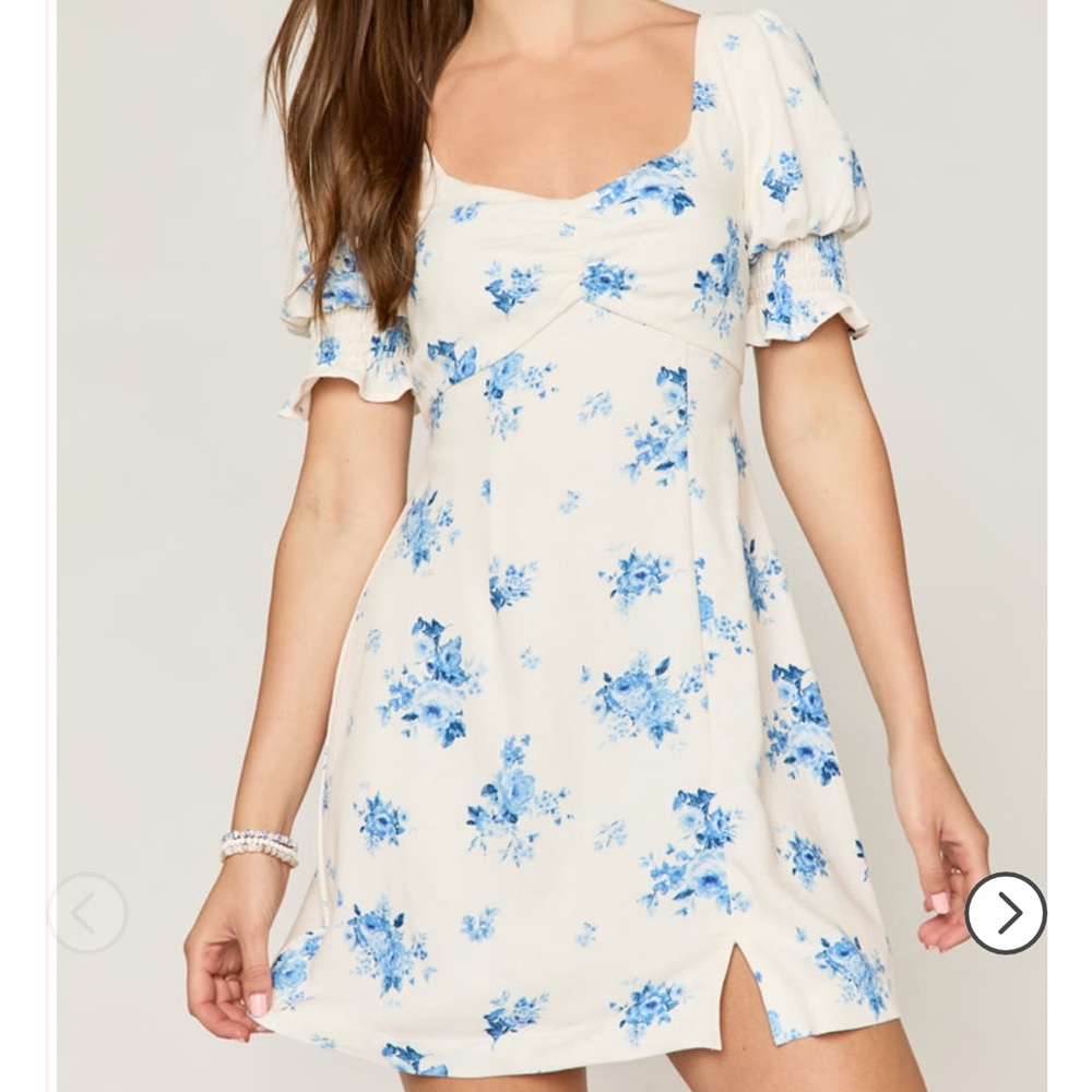 Francesca’s Bianca Blue and Cream Floral Puff Sleeve Mini Dress